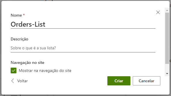 Captura de tela do Nome definido como Orders-List.
