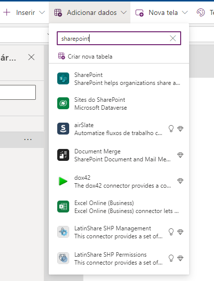 Captura de tela do menu suspenso Adicionar dados expandido para mostrar os resultados da pesquisa para o SharePoint.