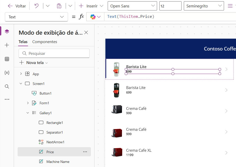 Captura de tela da Exibição em árvore mostrando a Tela um expandida para mostrar a Galeria um, que é expandida para mostrar a Legenda um.