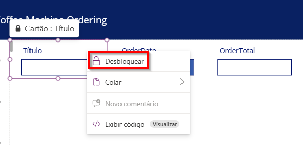 Imagem do cartão Título selecionado mostrando as opções de clique com o botão direito do mouse, com Desbloquear realçado.