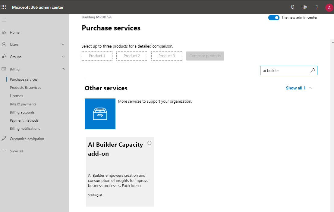 Captura de tela do Centro de administração do Microsoft 365 aberto na página Comprar serviços da guia Cobrança. O complemento de capacidade do AI Builder aparece abaixo de Outros serviços.
