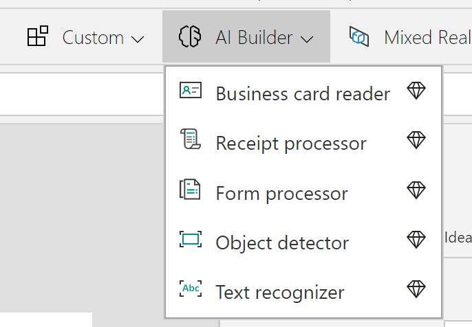 O menu do AI Builder é expandido para revelar as opções de Leitor de cartão de visita, Processador de formulário, Detector de objeto e Reconhecimento de texto.