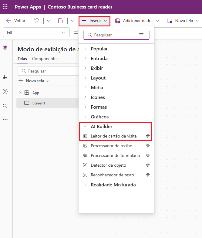 O menu do AI Builder é expandido para revelar as opções de Leitor de cartão de visita, Processador de formulário, Detector de objeto e Reconhecimento de texto.