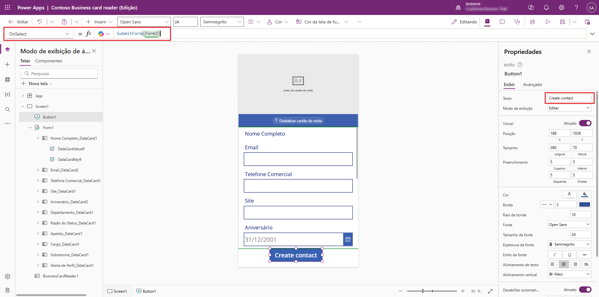 Uma captura de tela do formulário Digitalizar cartão de visitas com os campos Nome Completo, Email, Telefone Comercial e Site e um botão Criar contato.