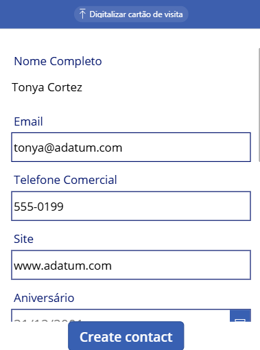 Uma captura de tela de um cartão de visita digitalizado com as informações preenchendo os campos.