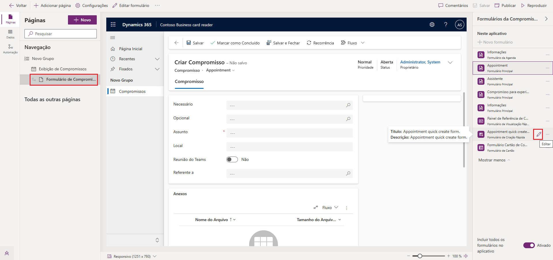 Captura de tela do Designer de aplicativo Power Apps > com o Leitor de cartão de visita da Contoso na exibição de design.