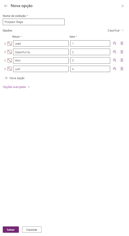 Captura de tela do painel de nova opção com as quatro opções inseridas.
