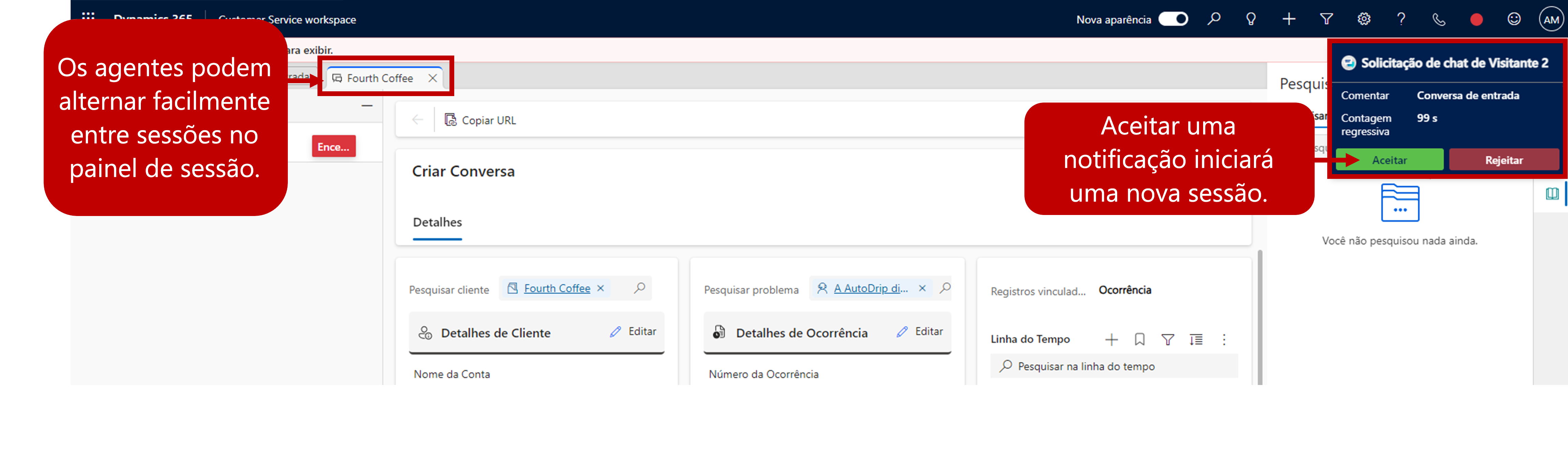 Captura de tela da nova sessão criada com recursos realçados.