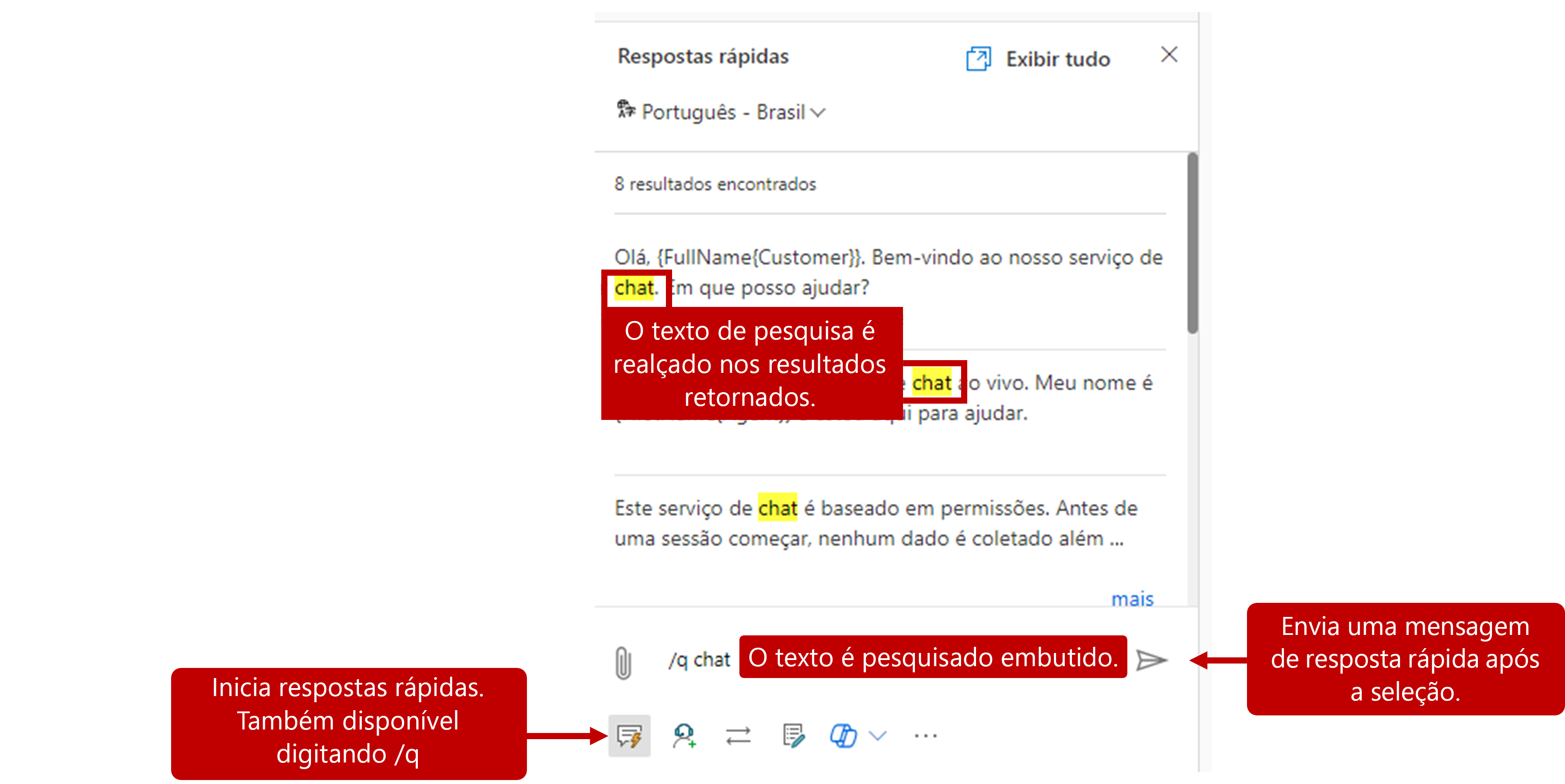 Captura de tela dos recursos das Respostas rápidas.