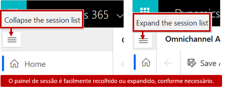 Captura de tela do painel de sessão com recursos realçados.
