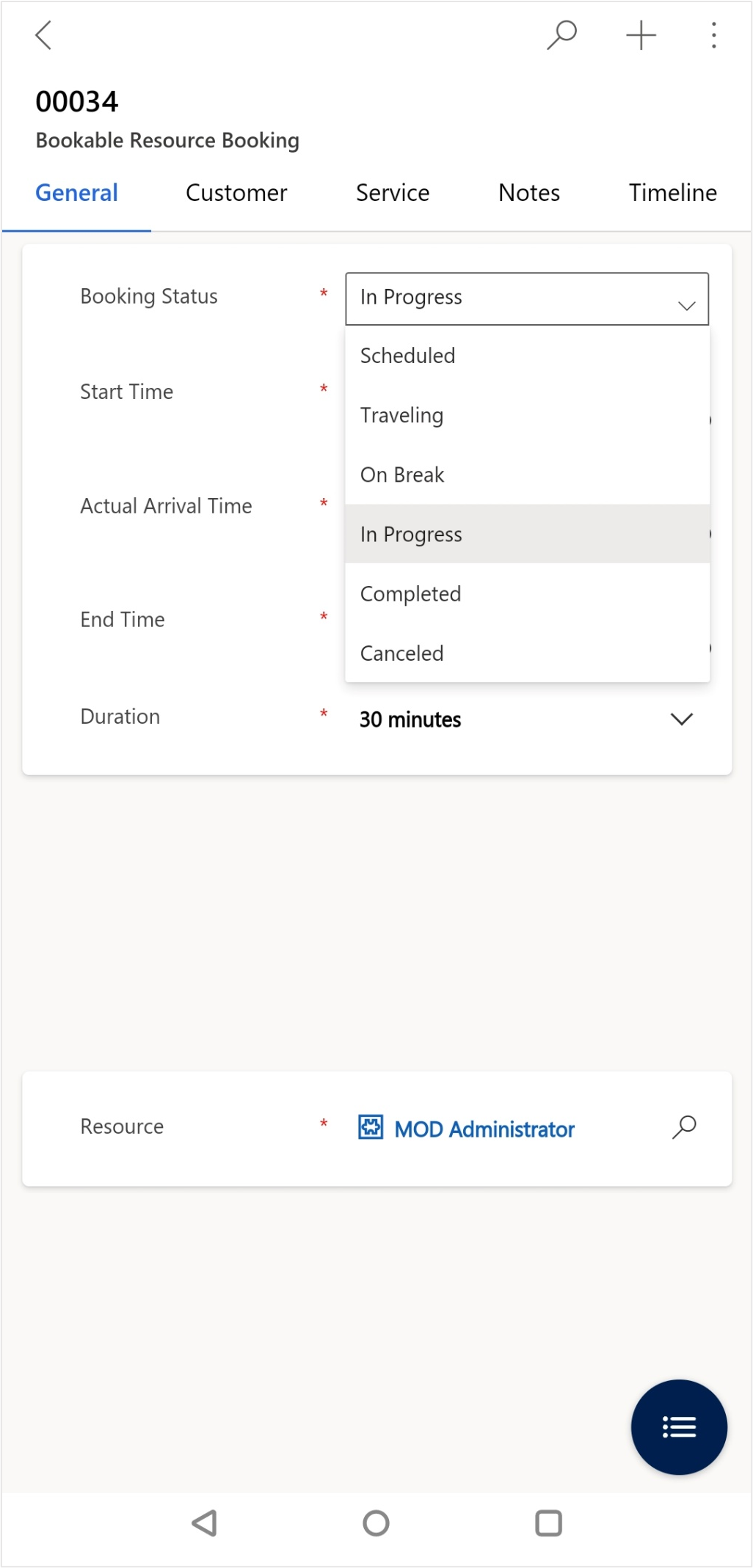 Screenshot of the Booking Status shown as In Progress.