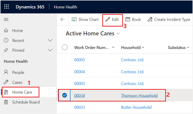 Screenshot of the active home care work orders.