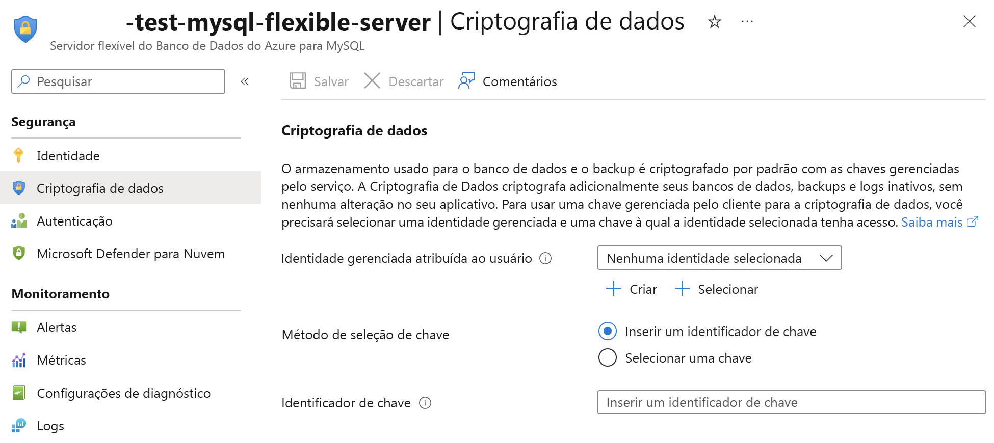 Captura de tela da página de configurações para selecionar uma chave gerenciada pelo cliente.