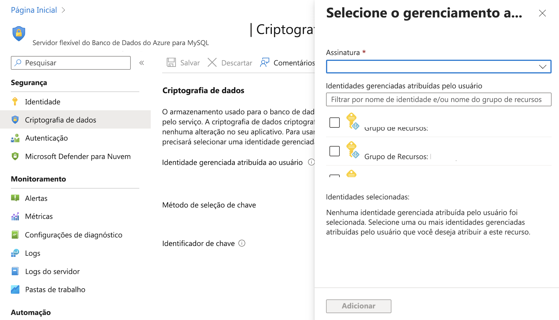 Captura de tela da caixa de diálogo para selecionar uma identidade gerenciada atribuída pelo usuário.