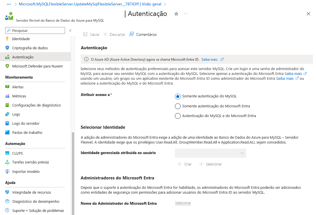 Captura de tela da configuração do Microsoft Entra ID.