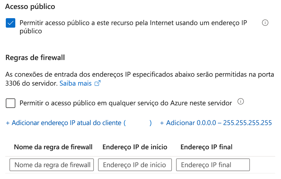 Captura de tela da seleção de conectividade de rede para acesso público e uma lista de regras de firewall.