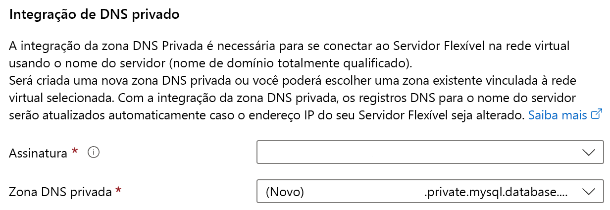 Captura de tela da configuração de integração de DNS privado.
