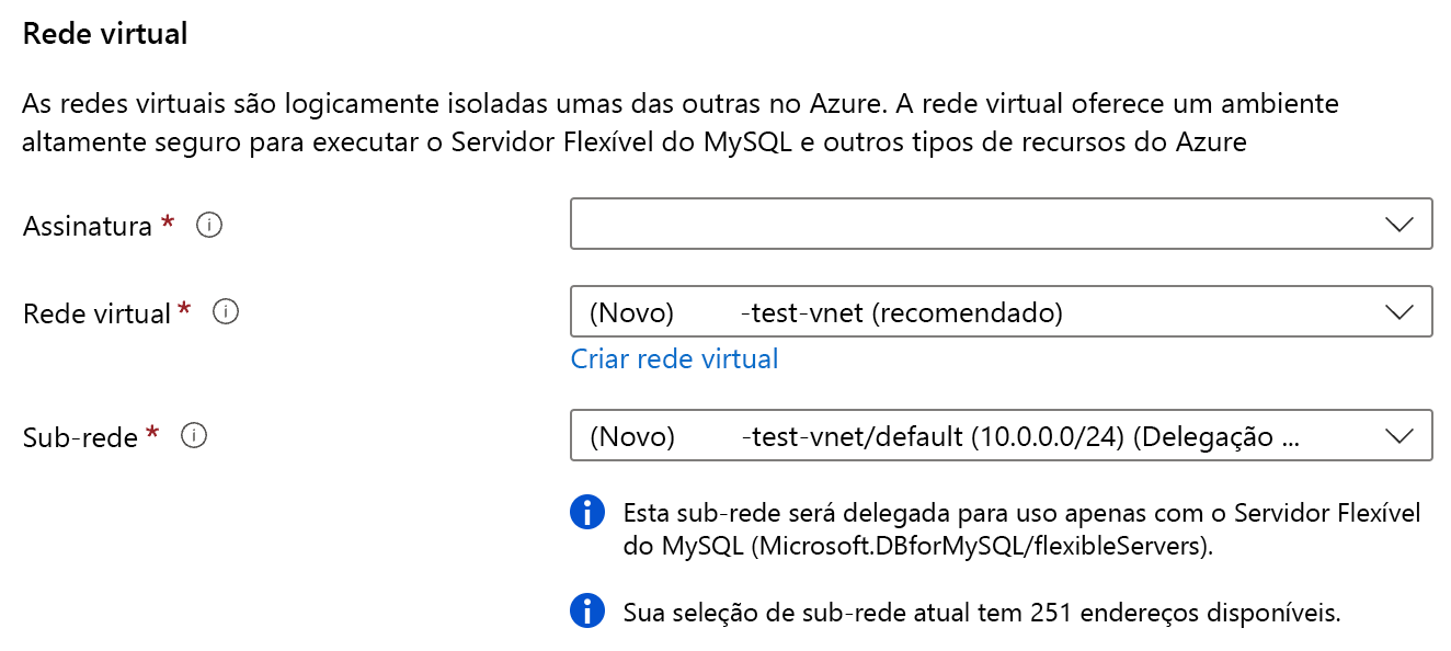 Captura de tela das configurações da rede virtual, incluindo assinatura, rede virtual e sub-rede.
