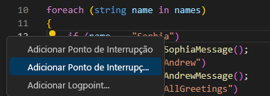 Captura de tela mostrando opções para definir pontos de interrupção condicionais no editor do Visual Studio Code.