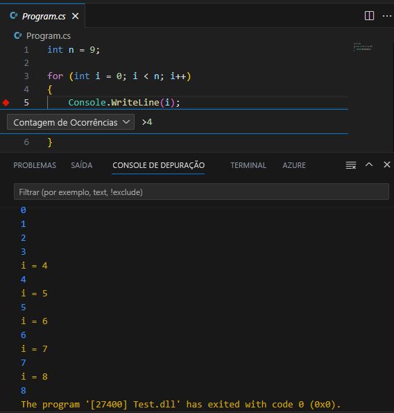 Captura de tela mostrando a saída de um ponto de interrupção Mensagem de Log combinada com Contagem de Ocorrências.