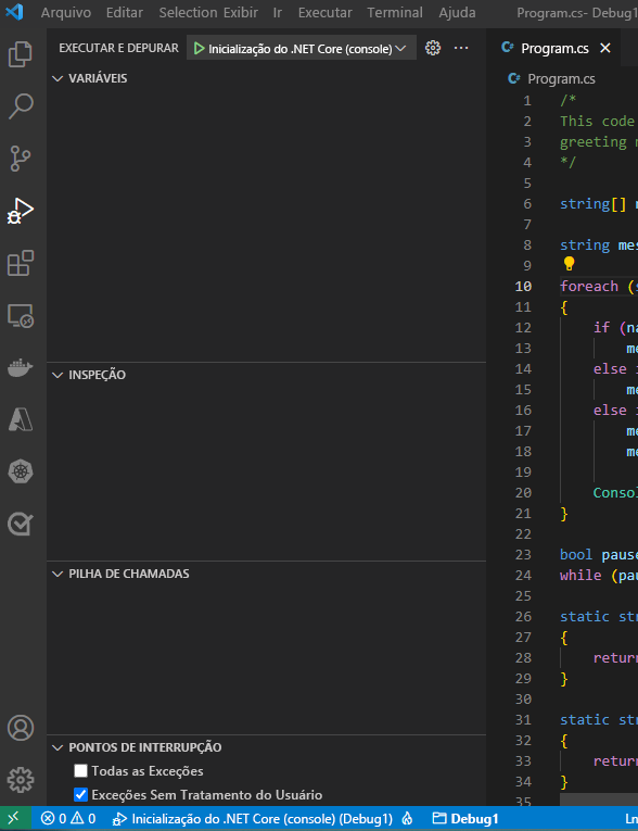 Captura de tela mostrando a opção de execução na exibição Executar e Depurar.