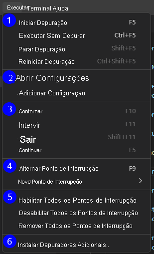 Captura de tela que mostra o menu Executar do Visual Studio Code com as opções de depuração.