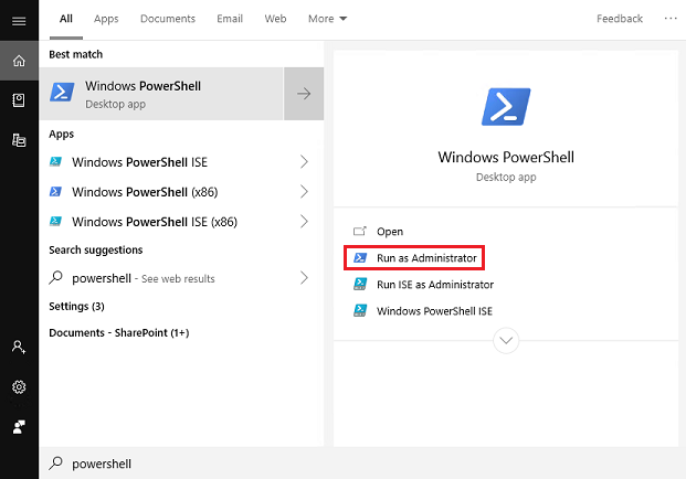Captura de tela do aplicativo da área de trabalho do Windows PowerShell com Executar como Administrador realçado.