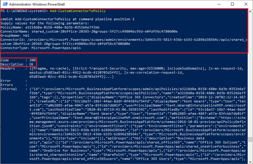 Captura de tela dos resultados de adicionar conector com Código e Descrição realçados.