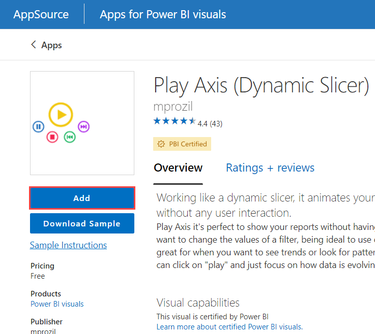 A captura de tela realça o botão Adicionar para o aplicativo Eixo de Reprodução na caixa de diálogo AppSource.