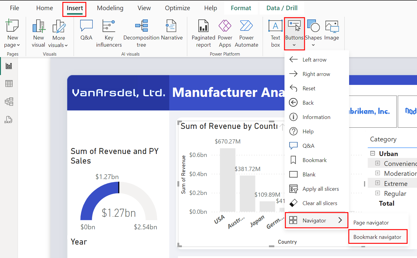 A captura de tela realça o local da opção do botão Navegador de Indicadores na lista suspensa Botão na guia Inserir.