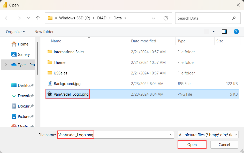A captura de tela destaca a seleção do arquivo do logotipo na caixa de diálogo Navegador de arquivos.