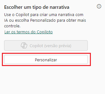 A captura de tela exibe a opção Copilot para o visual Narrativa inteligente.