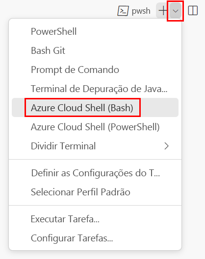 Captura de tela da janela do terminal do Visual Studio Code, com o menu suspenso do shell do terminal mostrado e o Padrão Git Bash selecionado.