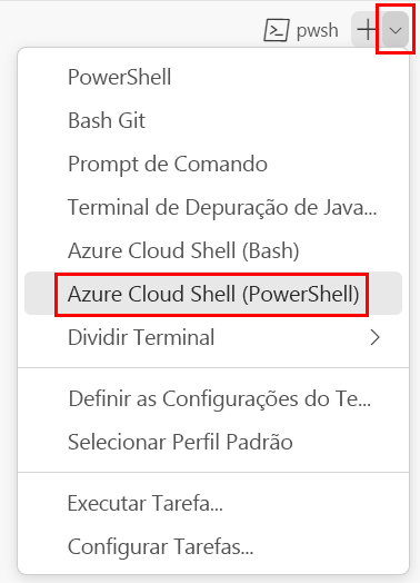 Captura de tela da janela do terminal do Visual Studio Code, com a lista suspensa do shell do terminal exibida e o PowerShell selecionado.