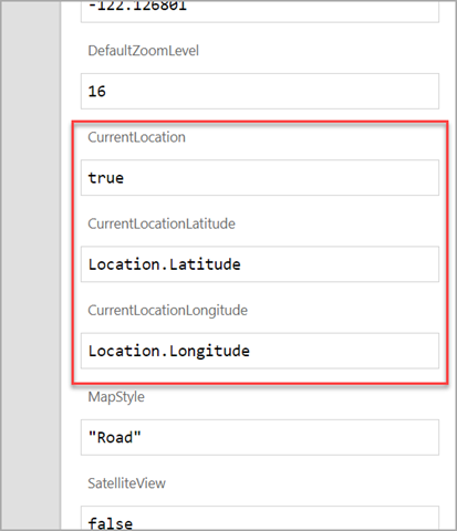 Captura de tela das propriedades de localização atuais do mapa interativo para um aplicativo.