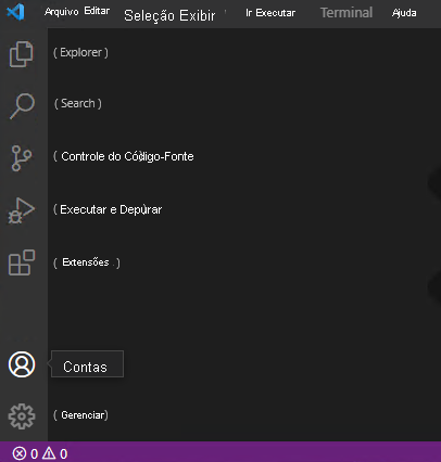 Captura de tela mostrando a barra atividades do Visual Studio Code com ícones rotulados.