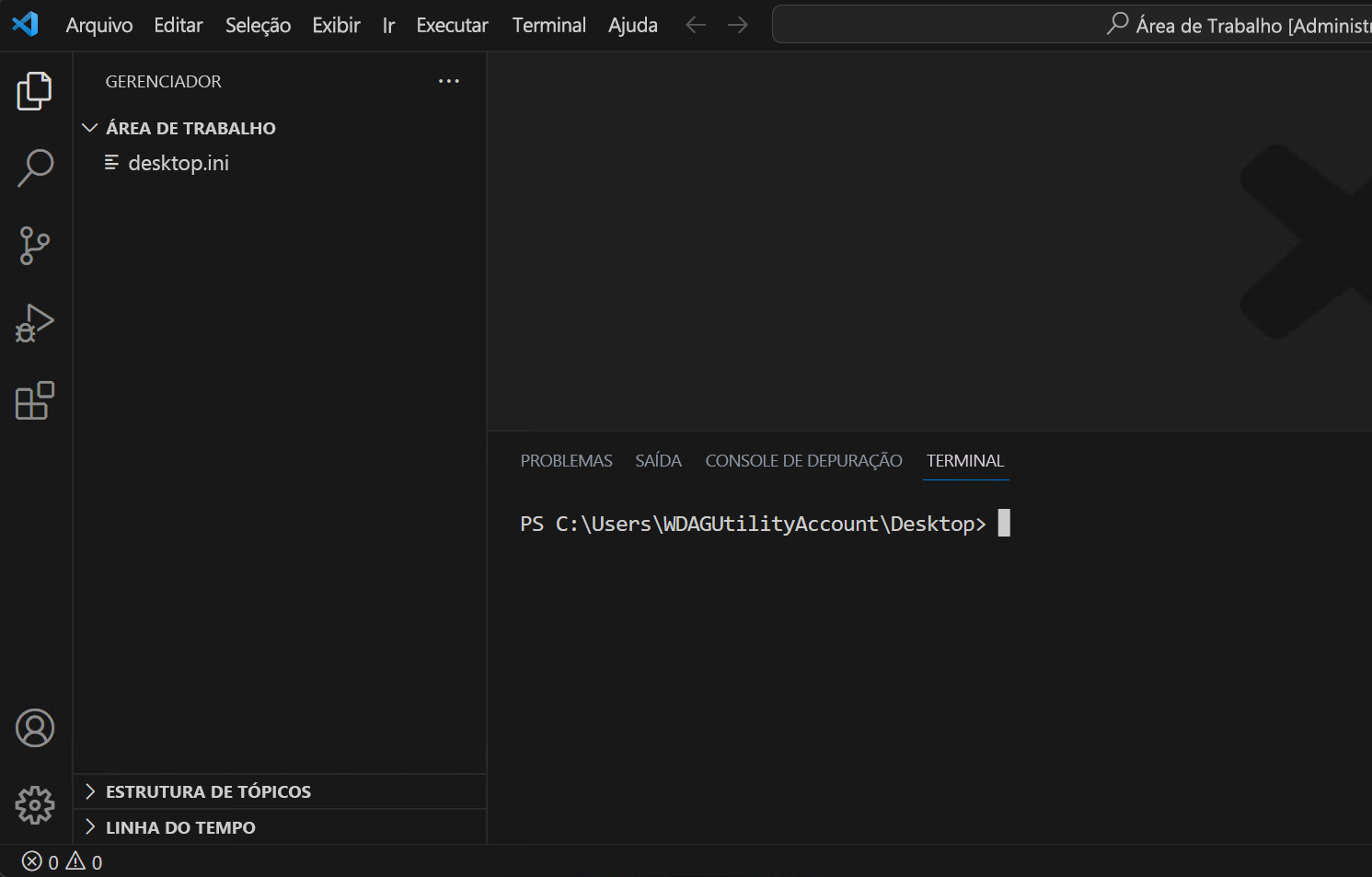 Captura de tela mostrando o prompt de comando no painel do terminal do Visual Studio Code.