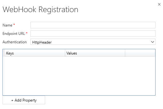 Captura de tela do botão Registro de WebHook + Adicionar Propriedade.