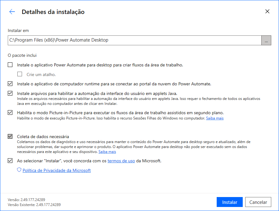 Captura de tela dos detalhes de instalação e o botão Instalar.