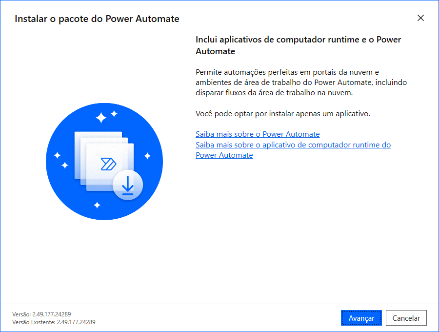 Captura de tela página de configuração do Power Automate para desktop.