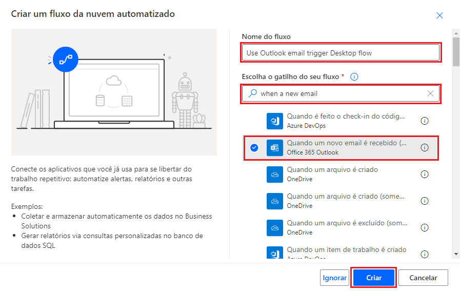 Captura de tela do fluxo nomeado e da ação Quando um novo email é recebido (V3) selecionada.