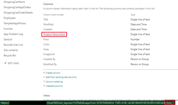 Captura de tela das colunas com a Descrição do produto realçada.