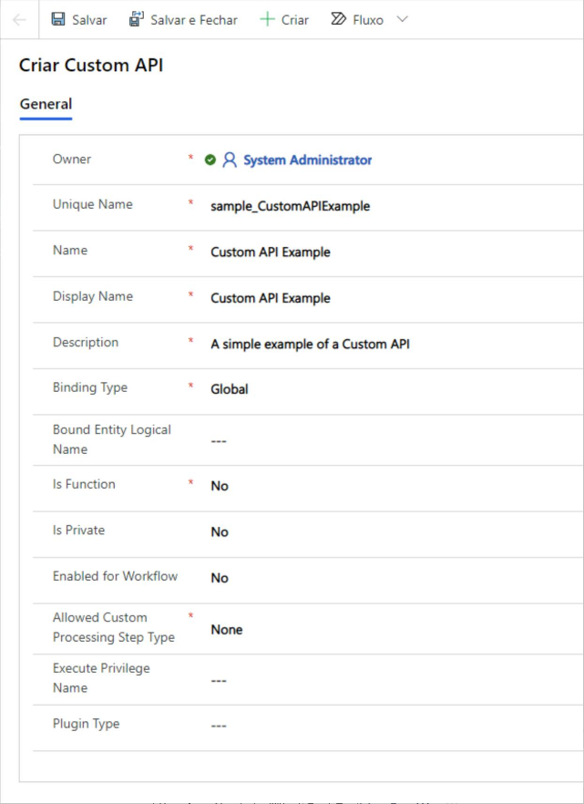 Captura de tela de um registro de API personalizado.