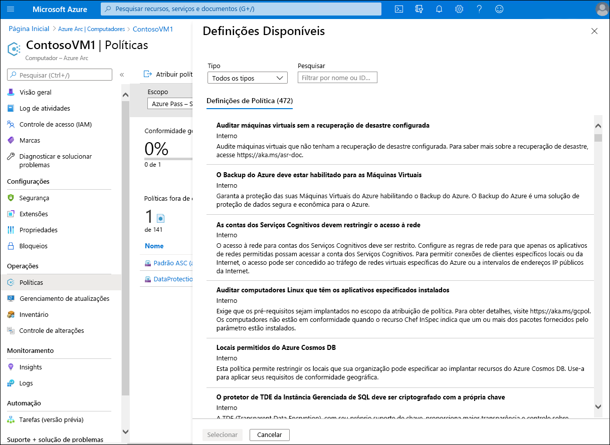 Screenshot that depicts the Assign policy page in the Azure portal. The administrator is selecting from a list of available policies.