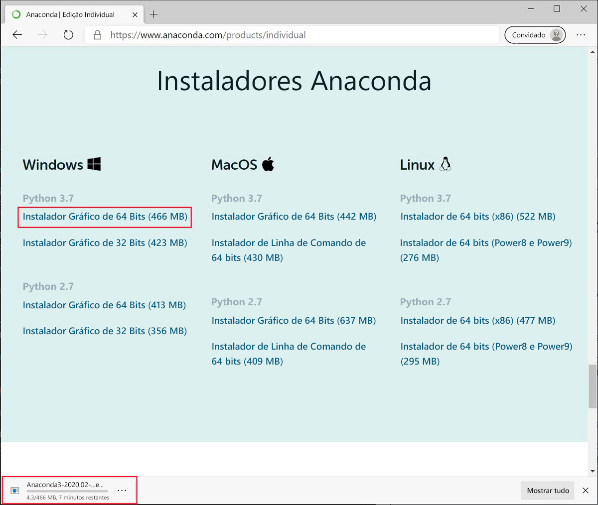 A screenshot of the Anaconda download web page that shows the installation in progress.