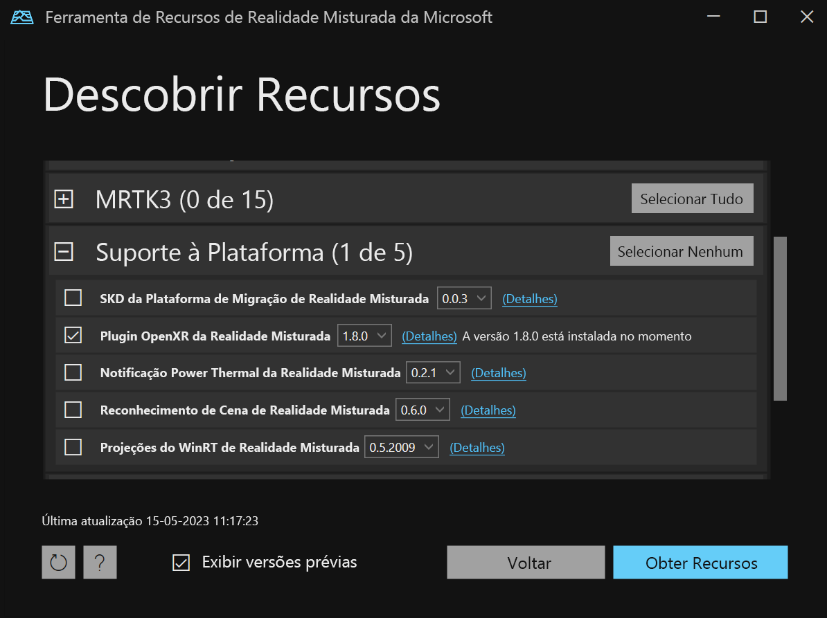 Captura de tela de seleções de pacotes na ferramenta de recursos da Realidade Misturada.