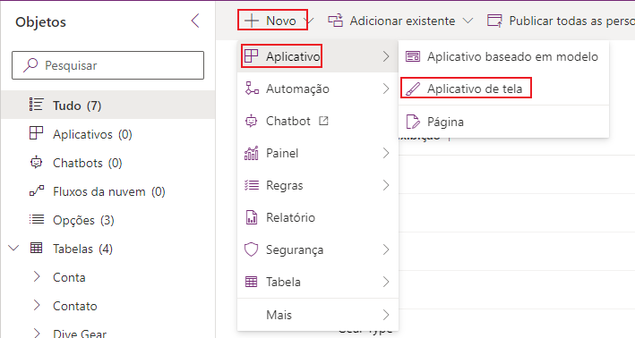Captura de tela de uma solução do Dataverse. O foco está na opção de menu Novo aplicativo de tela.