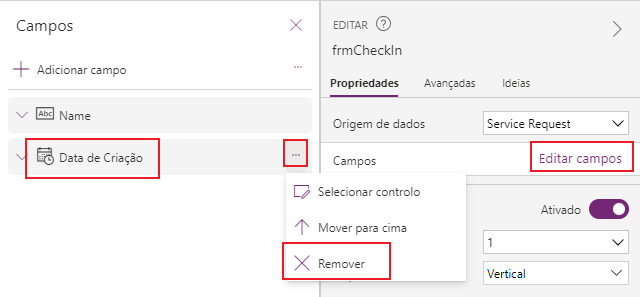 Captura de tela do estúdio do aplicativo de tela. O foco está na propriedade Edit fields e na opção Remover para um campo de um formulário.