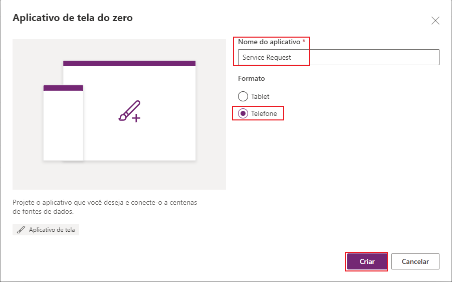 Captura de tela do novo aplicativo de tela do formulário em branco. O foco está no nome do aplicativo, no formato do telefone e no botão Criar.