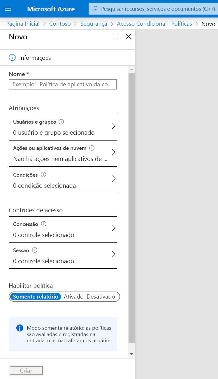 Screenshot that shows a new Conditional Access policy with no assignments or access controls set.